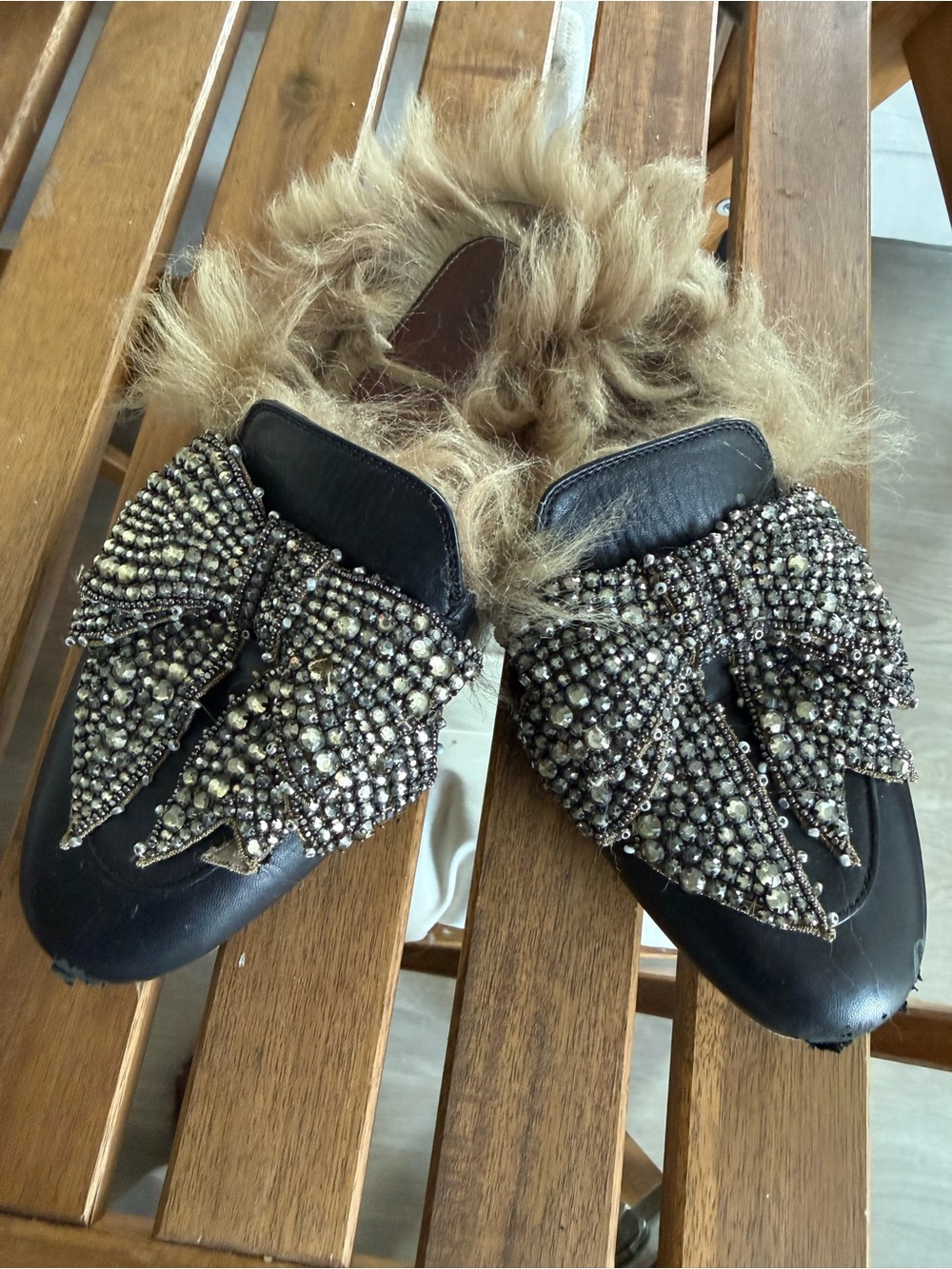 Embellished Black Faux-Fur Slip-On Mules